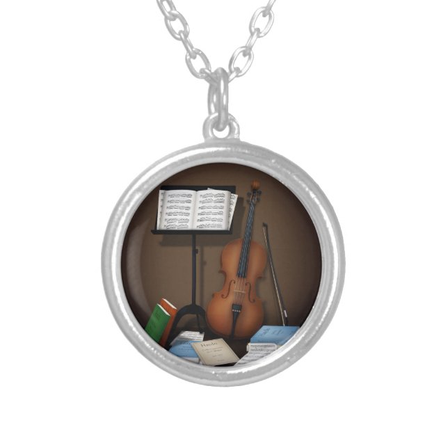 Cello & Music Stand Charming Miniature Scene Silver Plated Necklace (Front)
