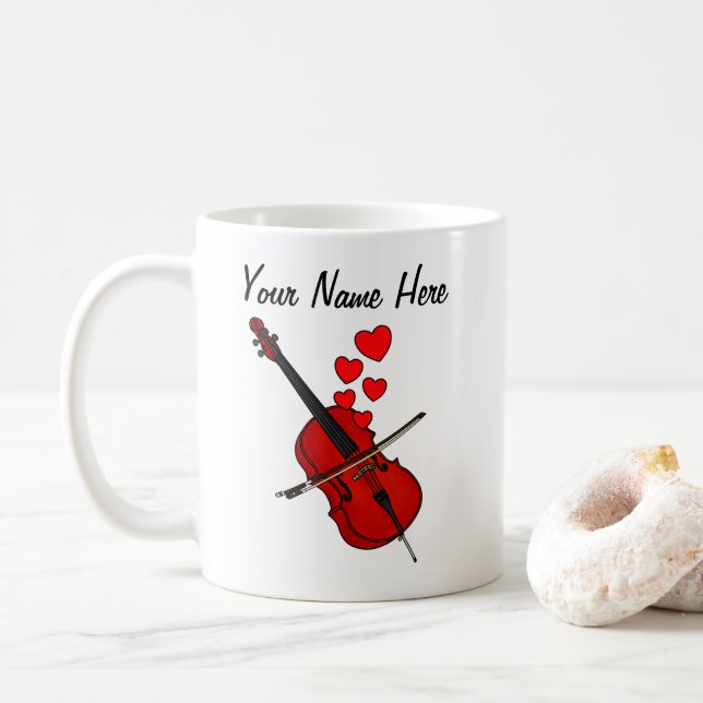 Cello Red Hearts Cellist Musician Custom Coffee Mug (With Donut)