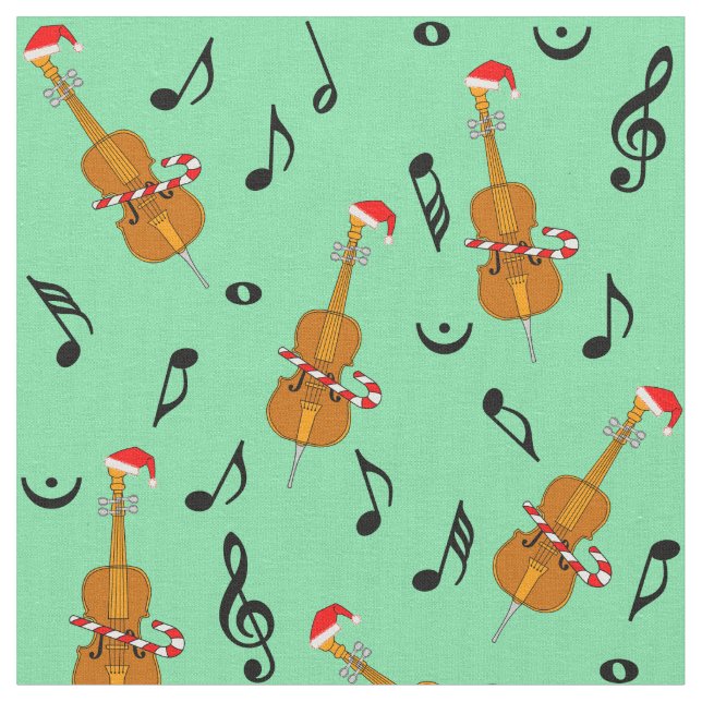 Cello Santa Hat Music Notes  Fabric (Close Up)