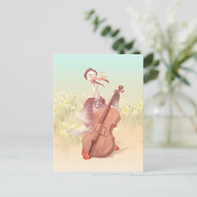 Cello Stork: Classical Music Animal in Yellow Mead Announcement Postcard (Standing Front)