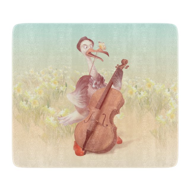 Cello Stork: Classical Music Animal in Yellow Mead Cutting Board (Front)