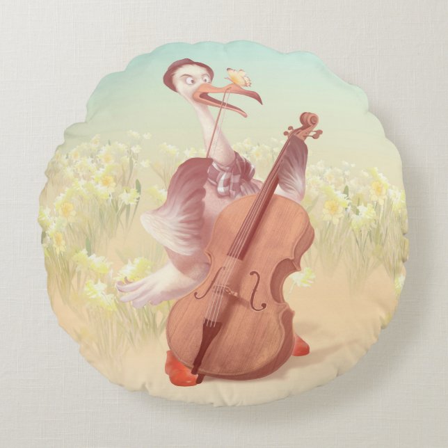 Cello Stork: Classical Music Animal in Yellow Mead Round Pillow (Front)