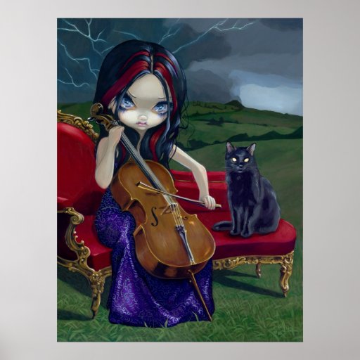 Cello Storm Art Print black cat gothic music | Zazzle