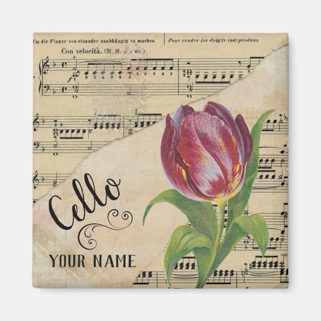 Cello Tulip Vintage Sheet Music Customized Magnet (Front)