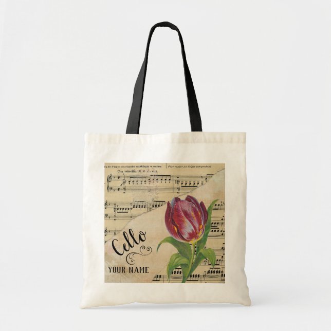 Cello Tulip Vintage Sheet Music Customized Tote Bag (Front)