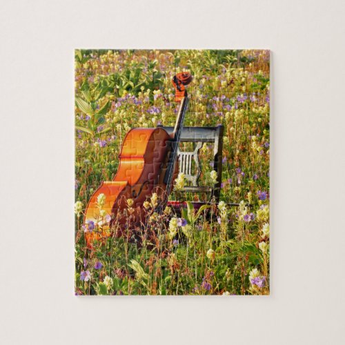 Cello with chair in a field of wildflowers jigsaw puzzle