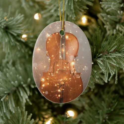 Cello with Christmas lights ceramic ornament