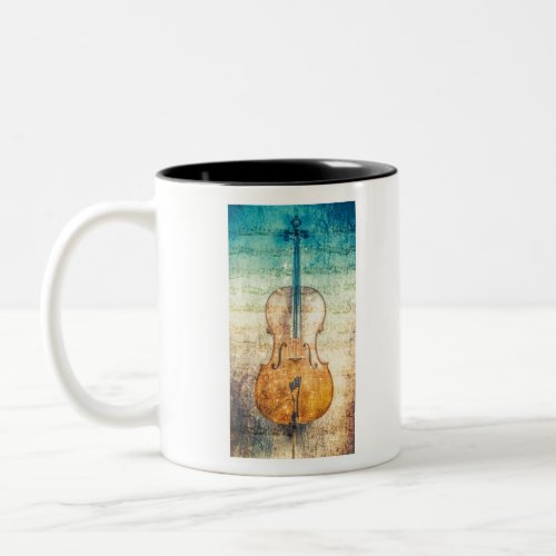 Cello with colorful sheet music background Two_Tone coffee mug