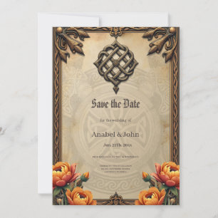 Celtic art and floral splendor in warm tones. save the date