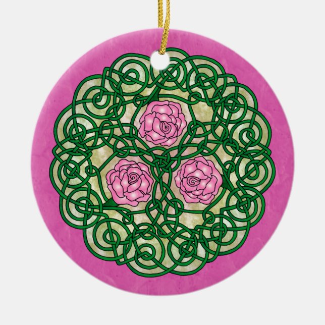 Celtic Art Roses Pink Ceramic Ornament (Front)