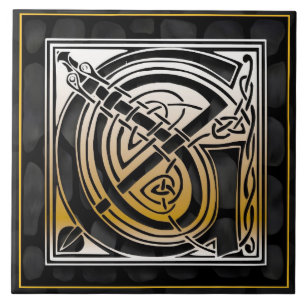 Celtic Black Stone G Monogram Initial Tile
