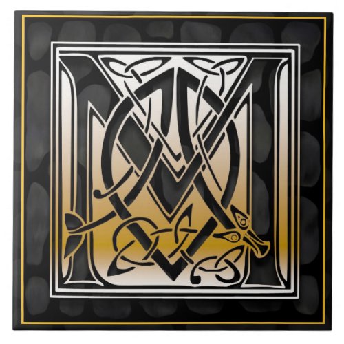 Celtic Black Stone M Monogram Initial Tile