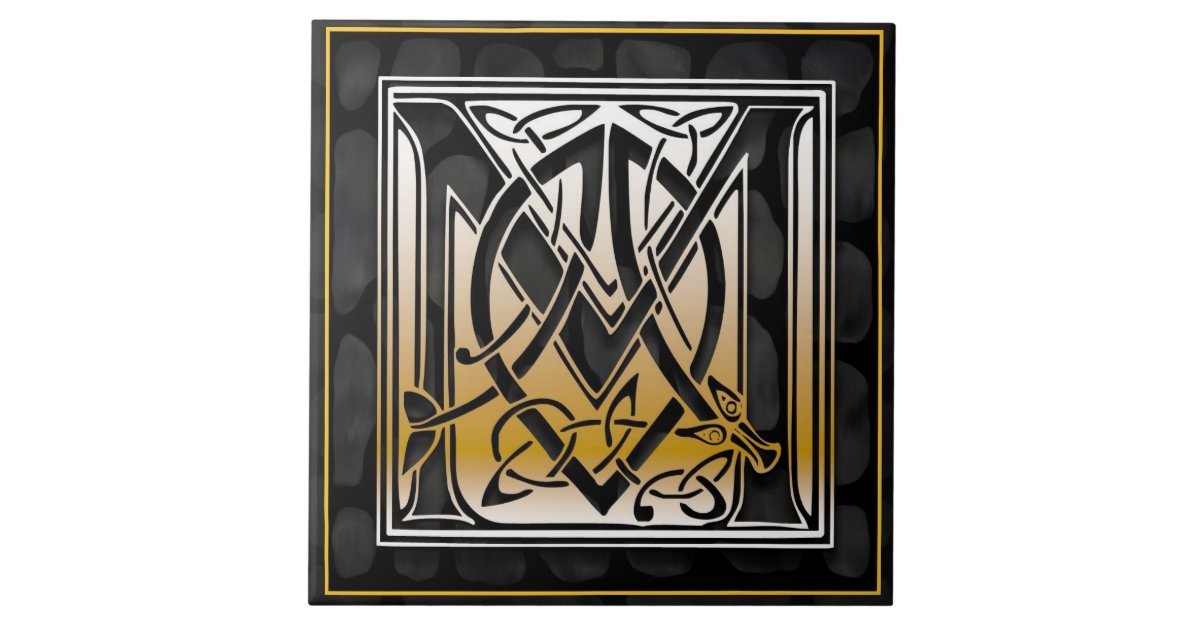 Celtic Black Stone M Monogram Initial Tile | Zazzle