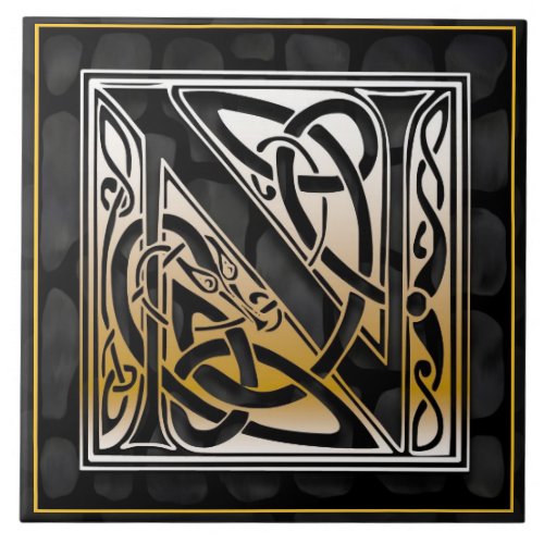 Celtic Black Stone N Monogram Initial Tile