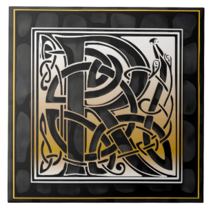 Celtic Black Stone R Monogram Initial Tile