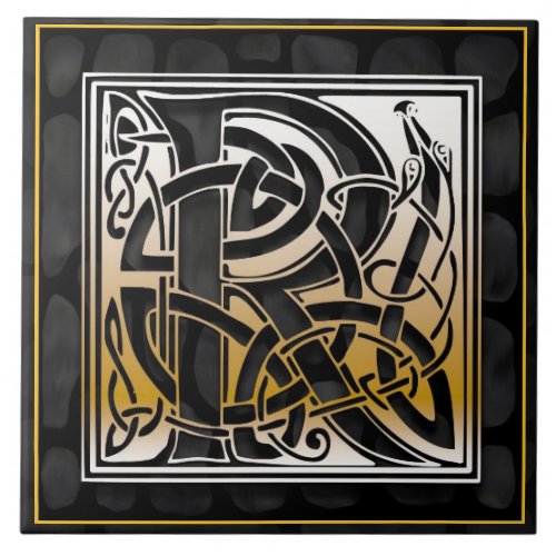 Celtic Black Stone R Monogram Initial Tile