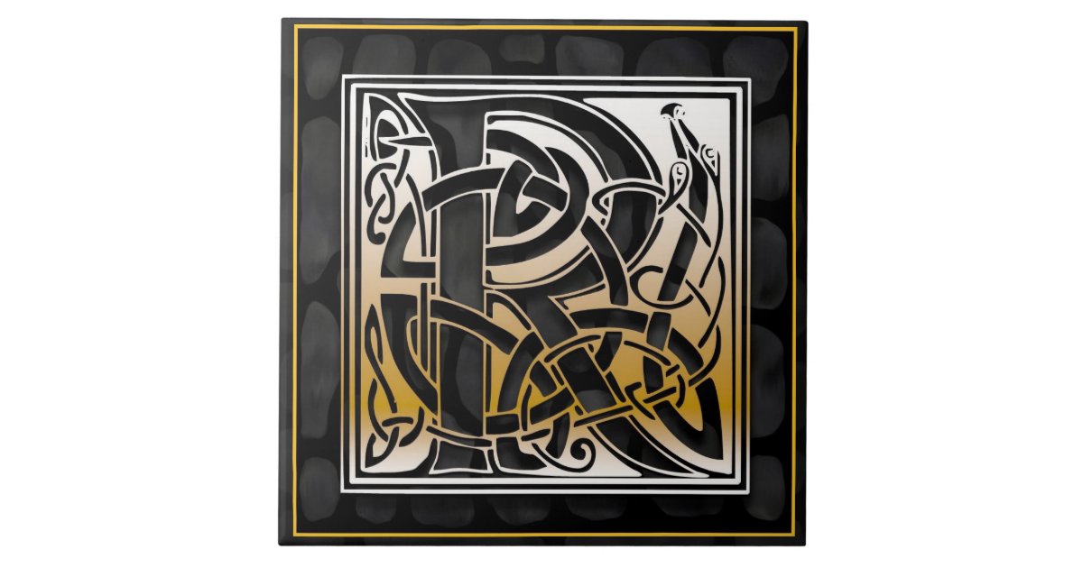Celtic Black Stone R Monogram Initial Tile | Zazzle