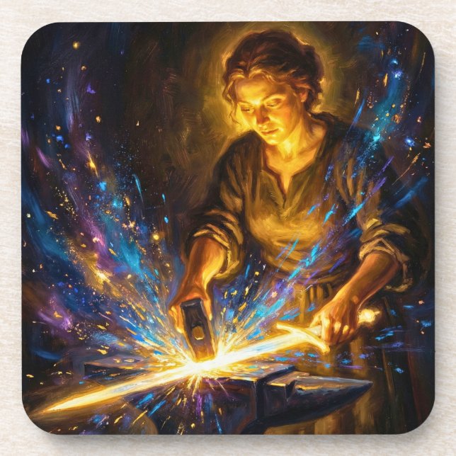 Celtic Blacksmith Goddess Forging Sword Fantasy Ar Beverage Coaster (Front)