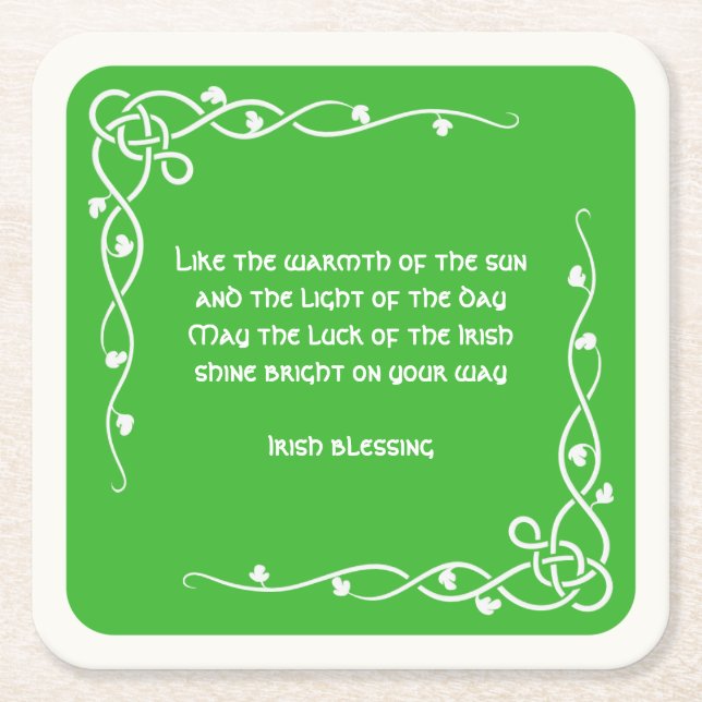 Celtic Braid - White and Green Irish Blessing (#2) Square Paper Coaster (Front)