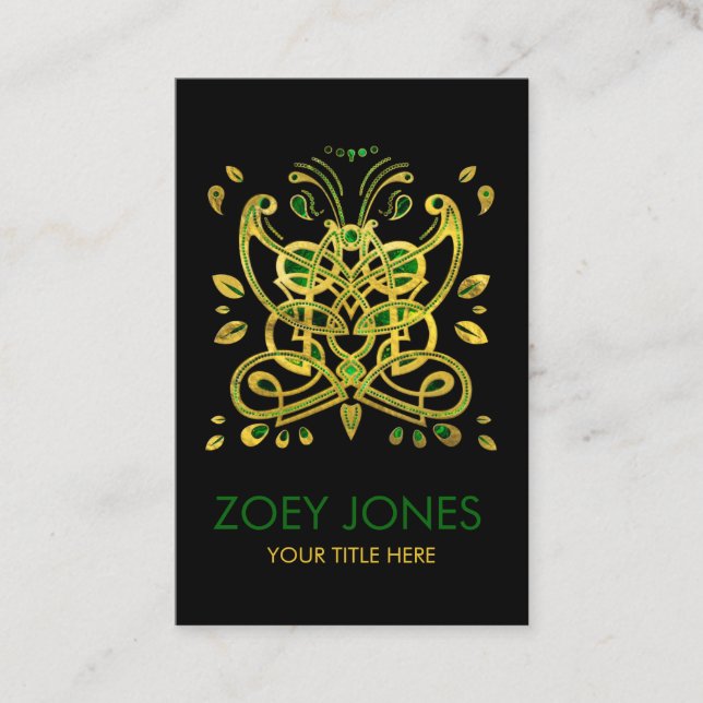Celtic Butterfly Ornament - Green and gold Business Card (Front)