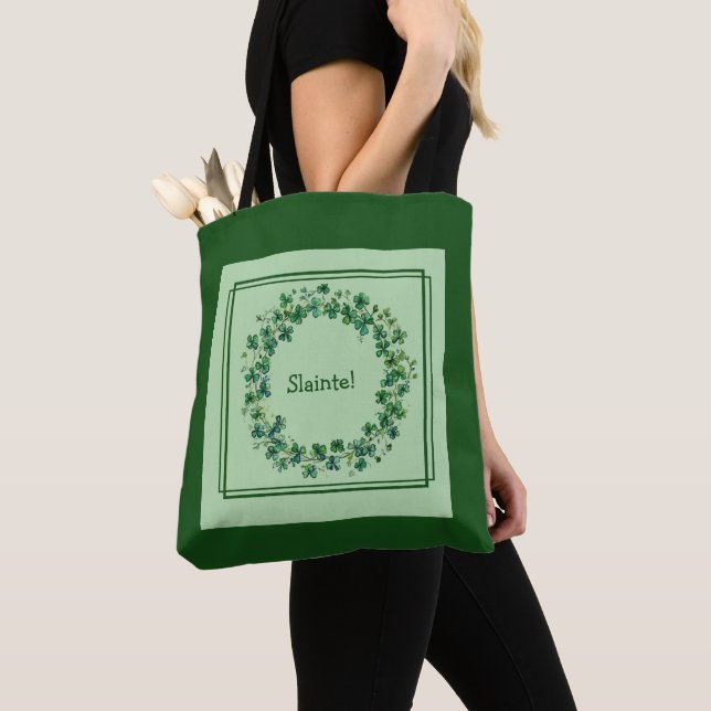 Celtic Charm: Shamrock Wreath & Gaelic Blessing Tote Bag (Close Up)