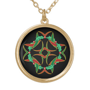 Celtic Christmas Holly Wreath Gold Plated Necklace