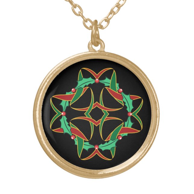 Celtic Christmas Holly Wreath Gold Plated Necklace (Front)