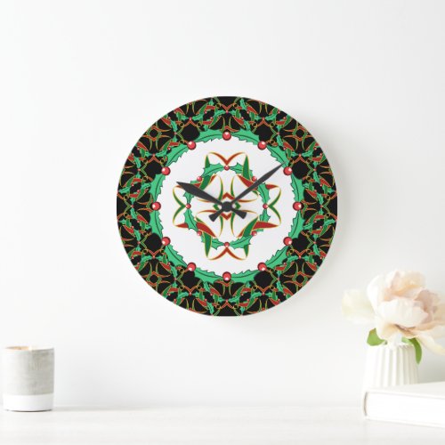 Celtic Christmas Holly Wreath Pattern Large Clock