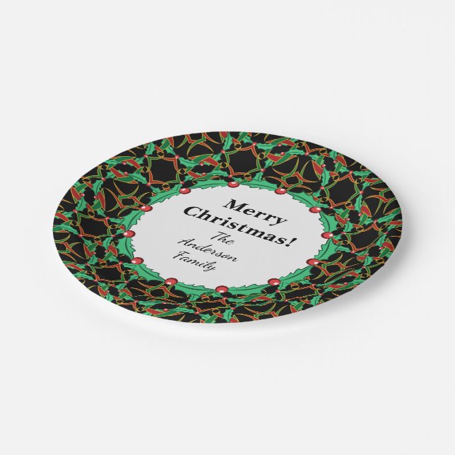 Celtic Christmas Holly Wreath Pattern Personalized Paper Plates (Angled)