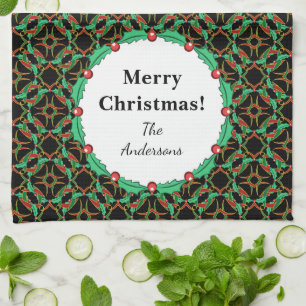 Celtic Christmas Holly Wreath Pattern Personalized Towel