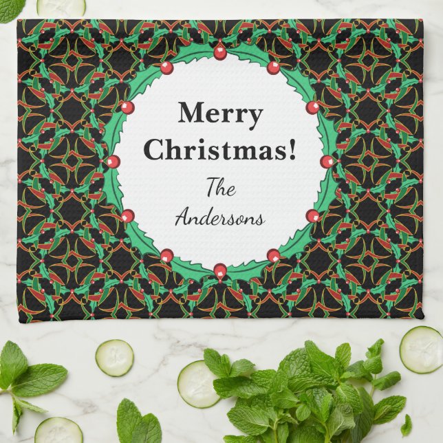 Celtic Christmas Holly Wreath Pattern Personalized Towel (Folded)
