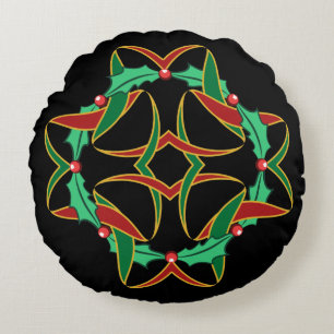 Celtic Christmas Holly Wreath Round Pillow
