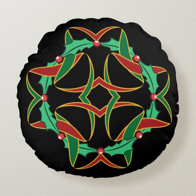 Celtic Christmas Holly Wreath Round Pillow (Front)