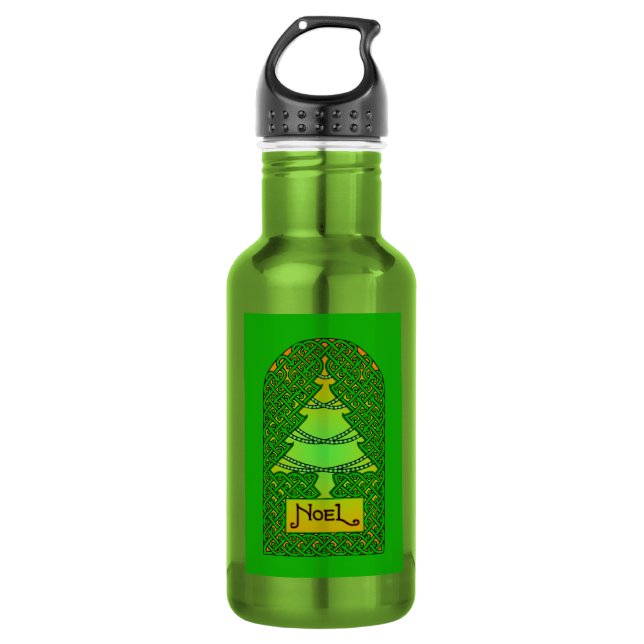Celtic Christmas Tree - Green Stainless Steel Water Bottle (Front)