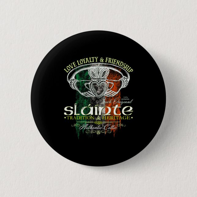 Celtic Claddagh Slainte Nge Irish Flag St. Patrick Button (Front)