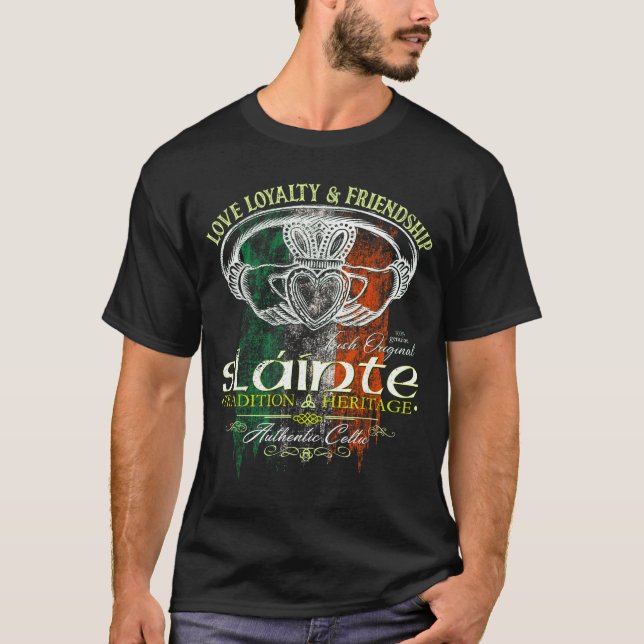 Celtic Claddagh Slainte Nge Irish Flag St. Patrick T-Shirt (Front)