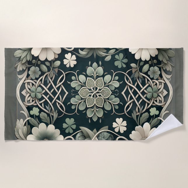 Celtic Clover Floral Charm Beach Towel (Front)