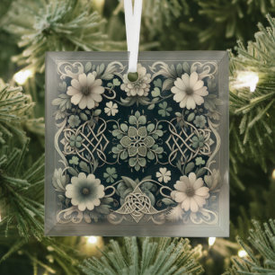 Celtic Clover Floral Charm Glass Ornament