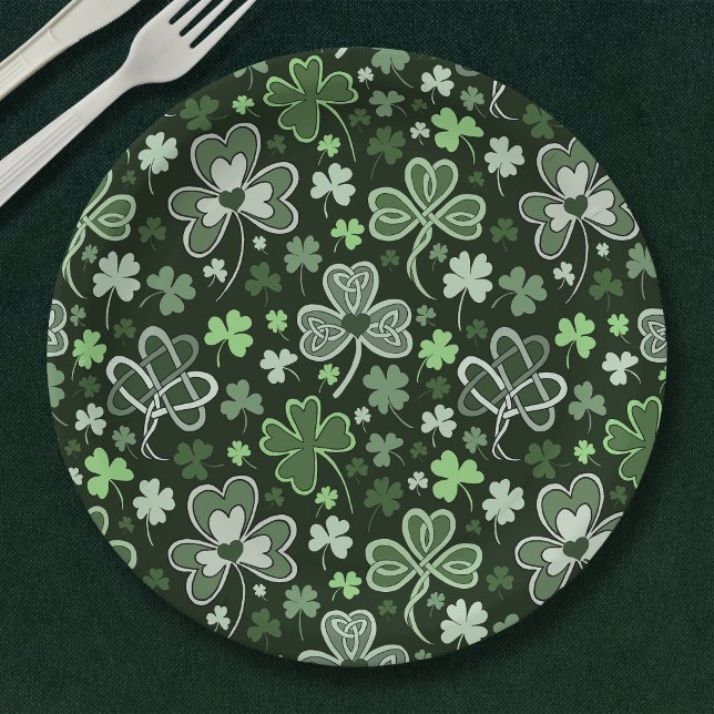 Celtic Clover Pattern Green Irish Hearts Paper Plates (Creator Uploaded)