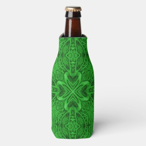 Celtic Clover Vintage Green Fractal Kaleidoscope Bottle Cooler
