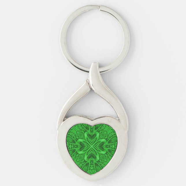 Celtic Clover Vintage Green Fractal Kaleidoscope Keychain (Front)