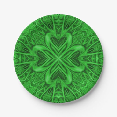 Celtic Clover Vintage Green Fractal Kaleidoscope Paper Plates