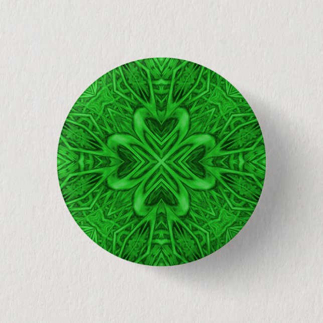 Celtic Clover Vintage Green Fractal Kaleidoscope Pinback Button (Front)