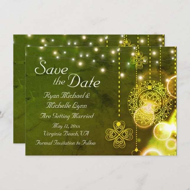 Celtic Clovers and String Lights Irish Wedding Save The Date (Front/Back)