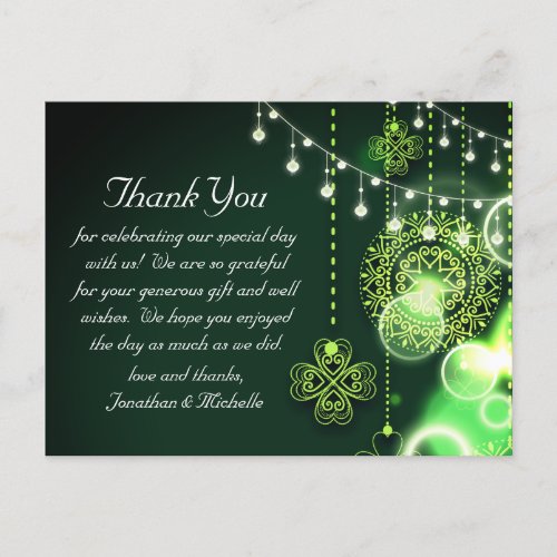 Celtic Clovers and String Lights Wedding Thank You Postcard