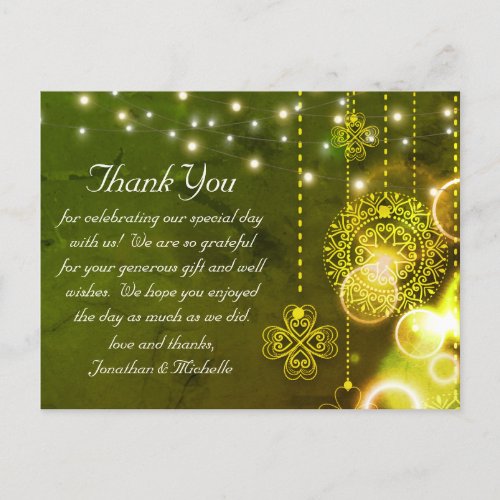 Celtic Clovers and String Lights Wedding Thank You Postcard