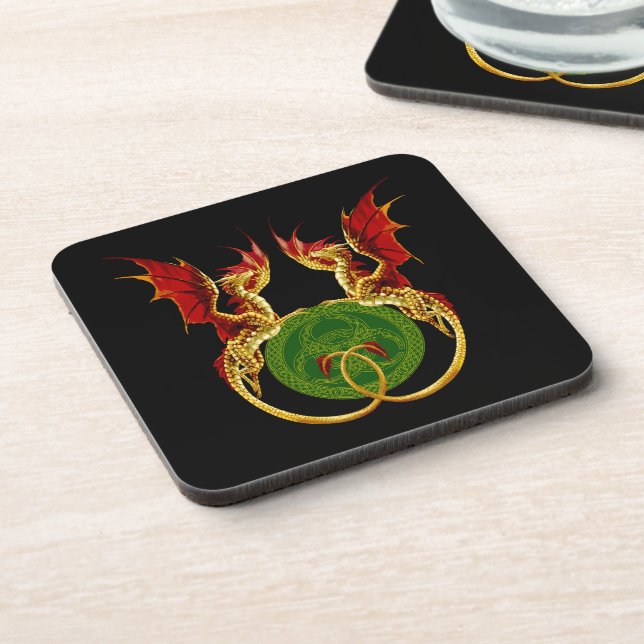 Celtic Crescent Moon And Dragons Beverage Coaster (Left Side)
