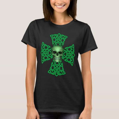 Celtic Cross And Green Skull Irish Pride T_Shirt
