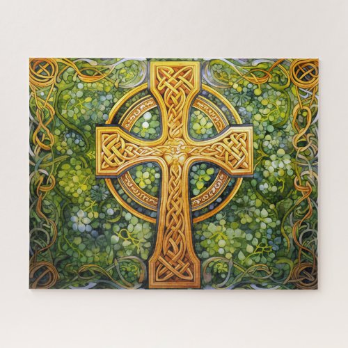 Celtic Cross Celtic Knot Green Gold Knotwork Jigsaw Puzzle