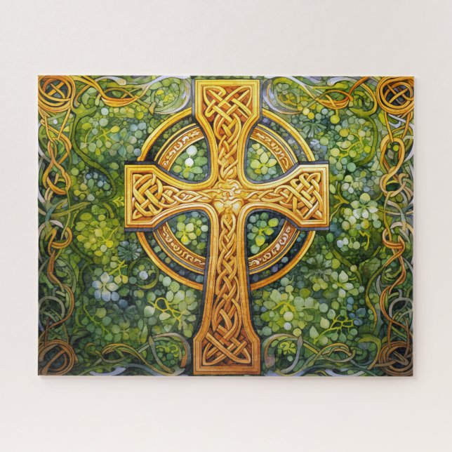Celtic Cross Celtic Knot Green Gold Knotwork Jigsaw Puzzle (Horizontal)